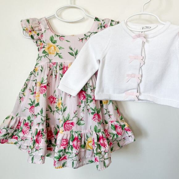 Janie and Jack Pink Floral Ruffle Dress & White Cardigan 6-12 mo Spring Easter - Picture 1 of 13